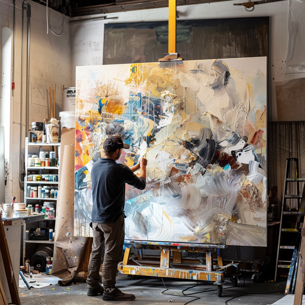 AI generated visual content image of artist painting abstract art in a studio.