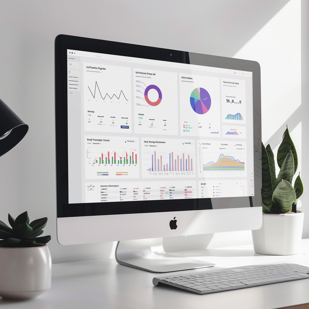 AI generated visual content SEO dashboard on desktop computer.