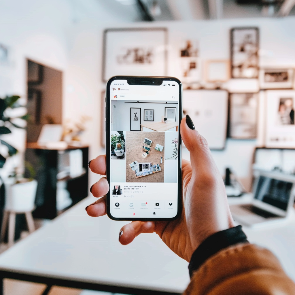 A person's hand holding a smartphone, scrolling through an Instagram feed displaying various home interior designs, in a room with modern decor.
