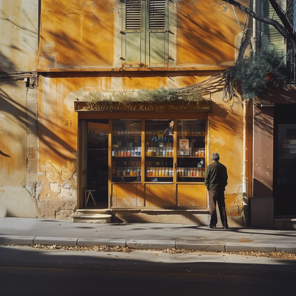AI generated visual content photo of person standing in front of a local storefront.