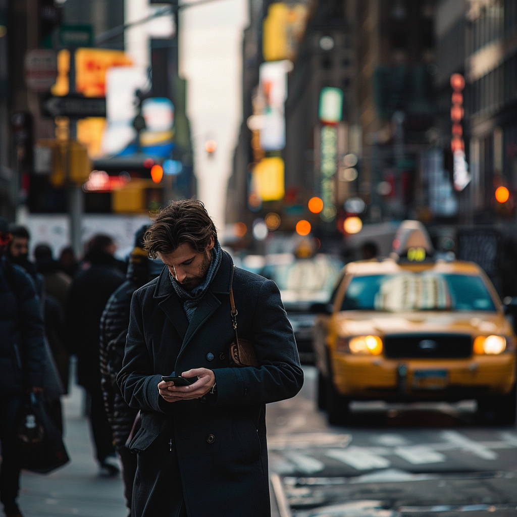 AI generated photo of man on phone in NYC.