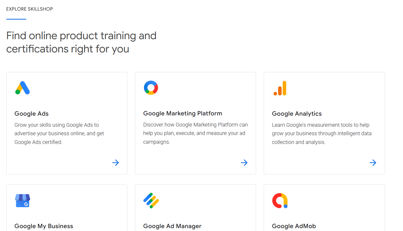 Image of Google's site with several SEO certifications that are available