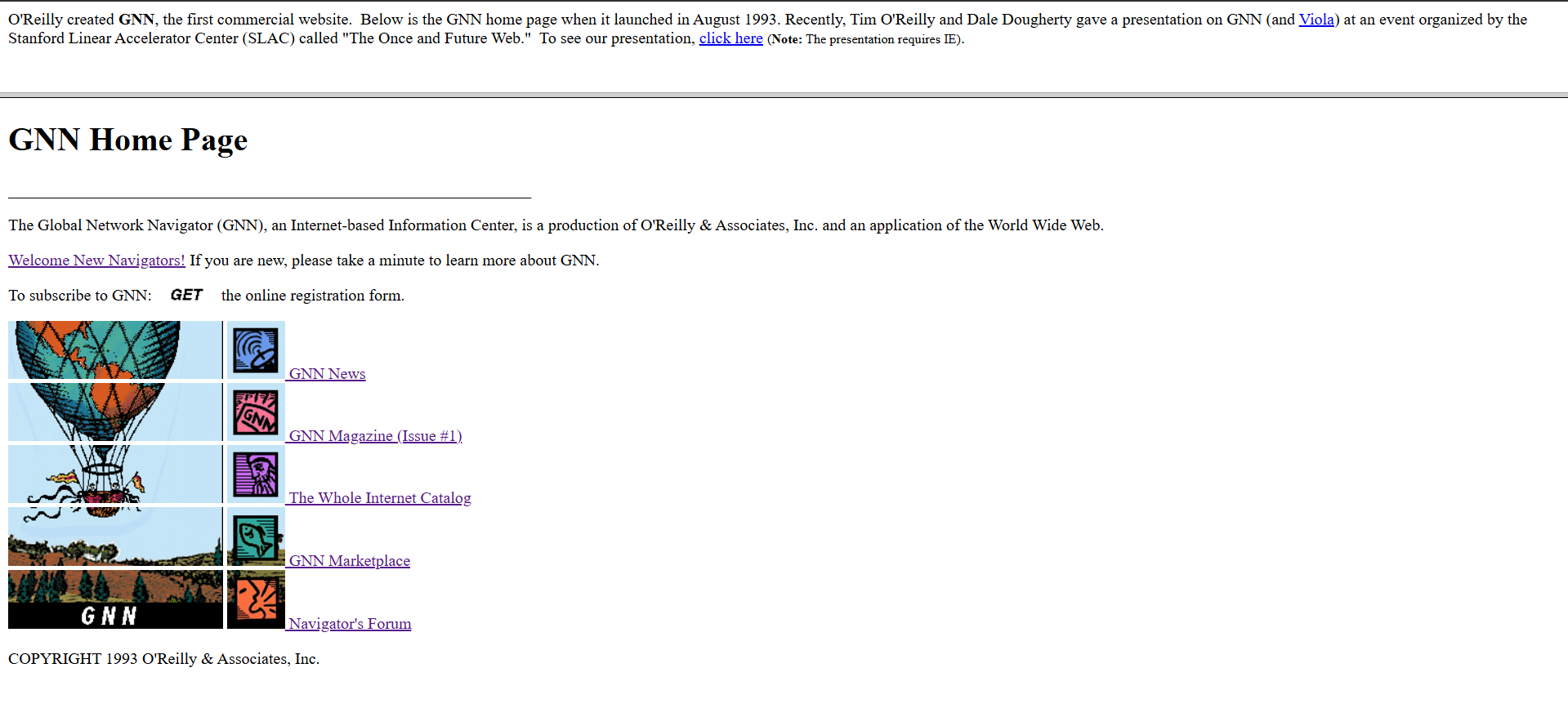Screenshot of archived GNN home page from oreilly.com.