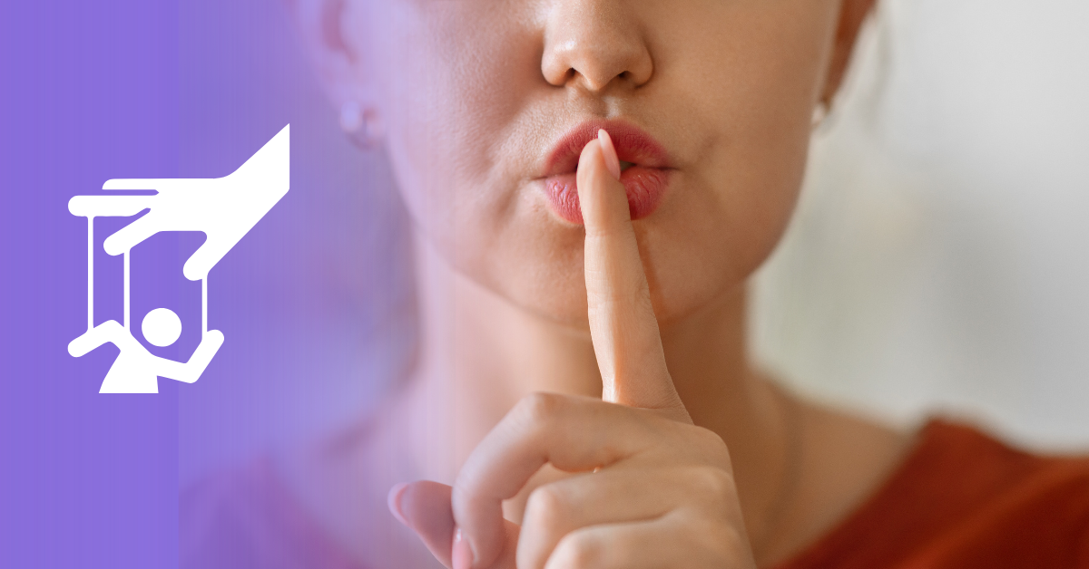 Icon on the left of a puppet master manipulating a person. The main image is of a woman being secretive with a motion to "shh" about these secrets found in the article