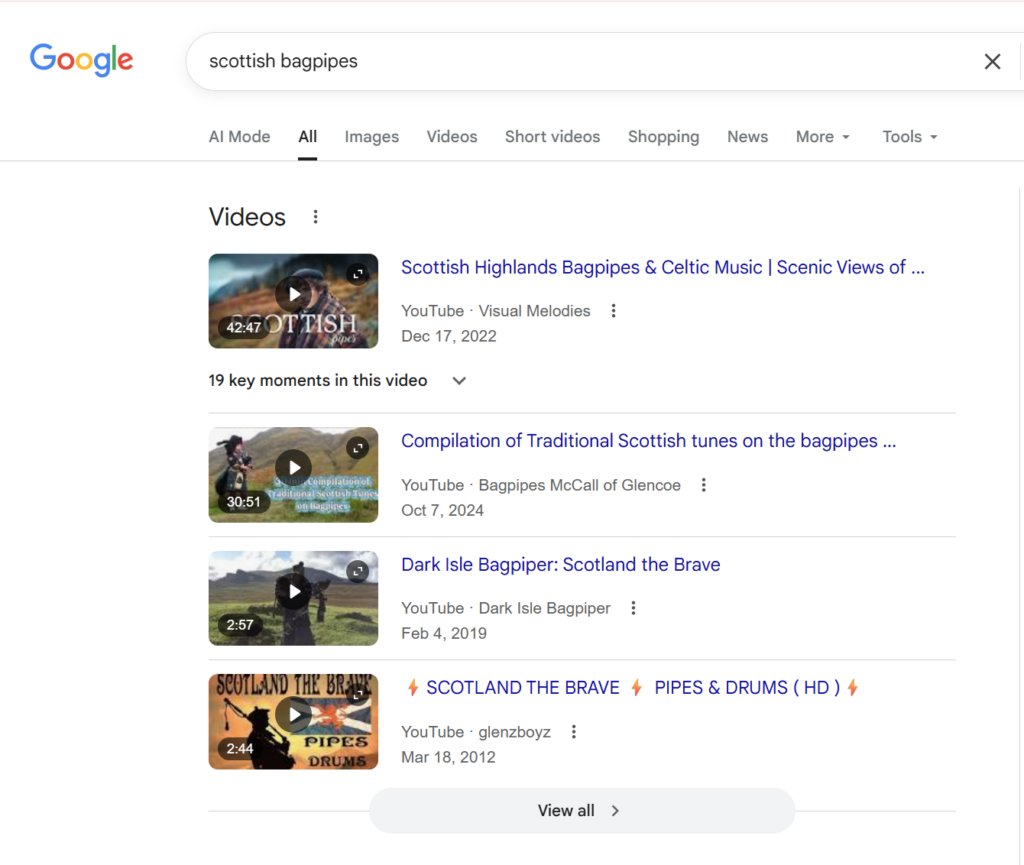 The SERP Feature, Video Carousel displaying various Scottish bagpipe videos